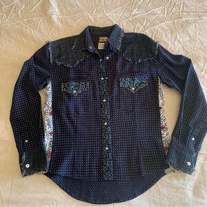Boho Patchwork Navy Button-Down Shirt with Contrast Trim